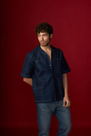 Blue Denim Shirt Cuban Collar